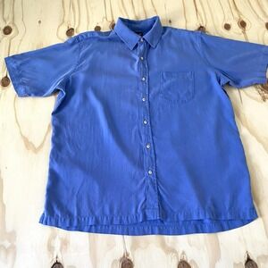 Lands' End 100% Silk Shirt Men's XL Blue Button Up Short Sleeve Camp